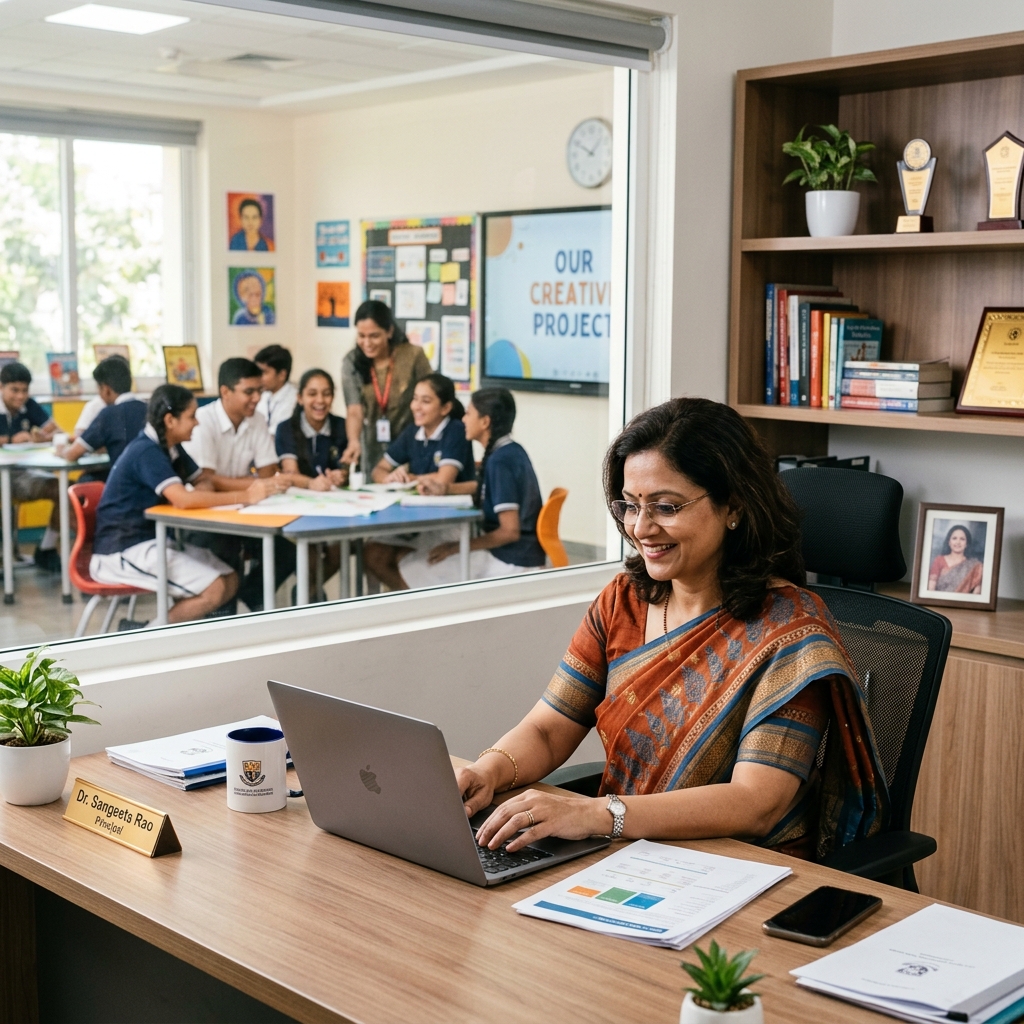 School admin using ERP dashboard on laptop