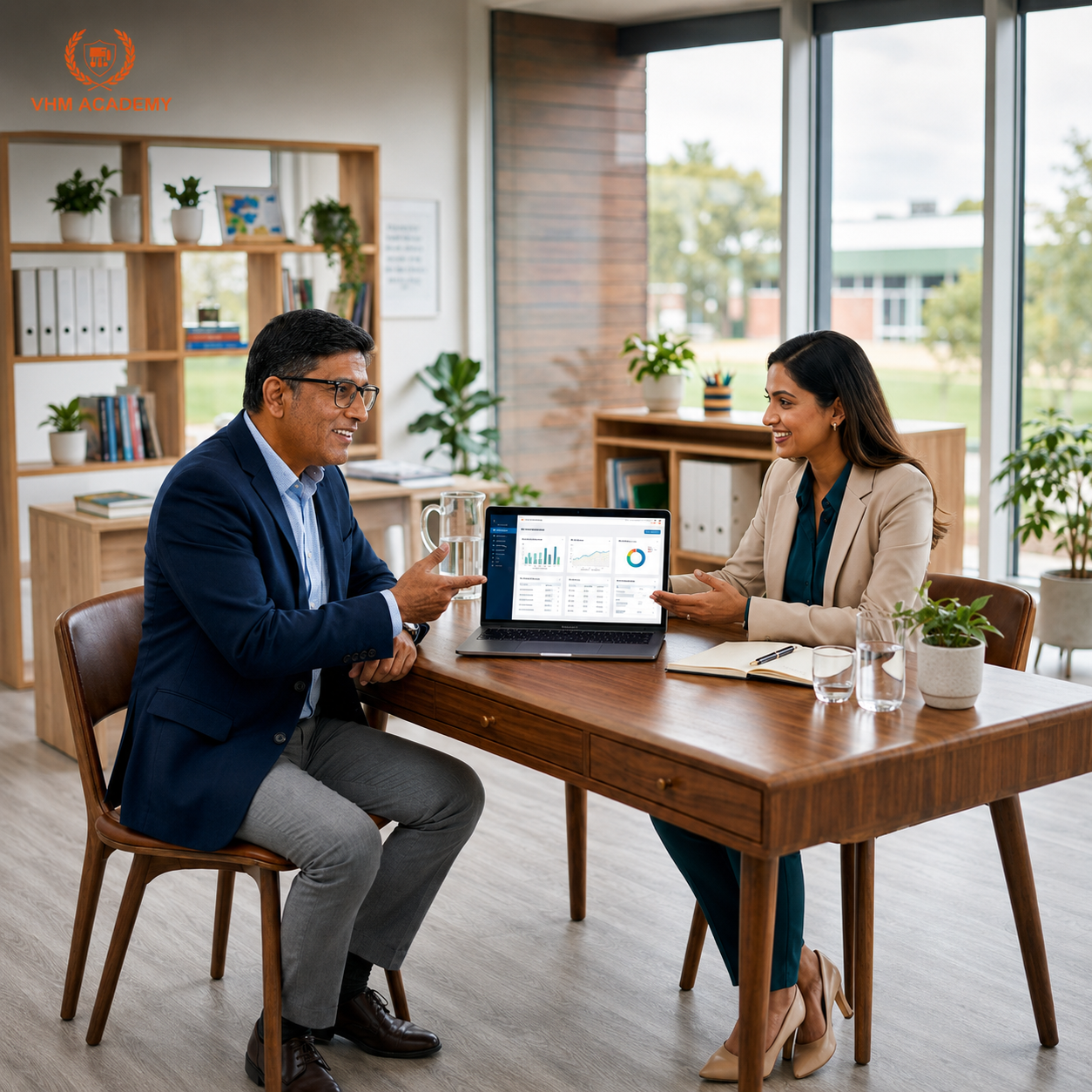 Indian school owner consulting with VHM Academy expert