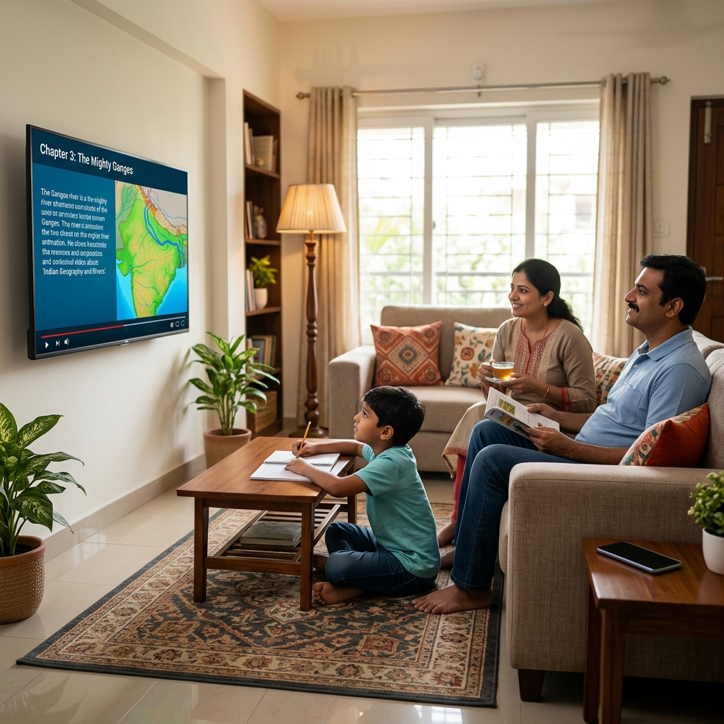 Indian student learning on family TV instead of mobile phone with VHM Academy Android TV learning