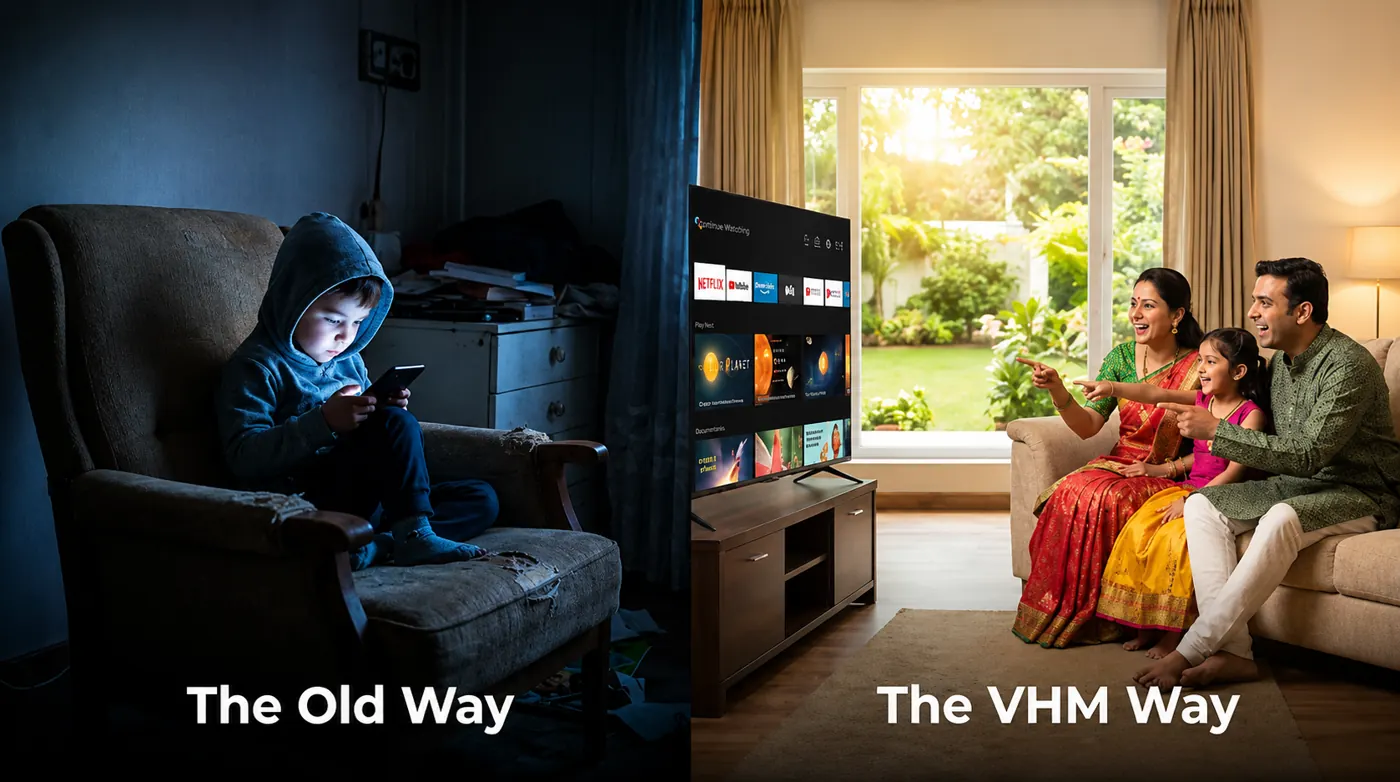 A child alone with a phone compared with a family learning together on the TV
